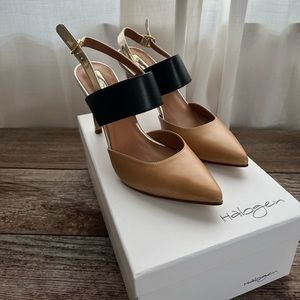 Tan black and gold pointed toe heels NBW